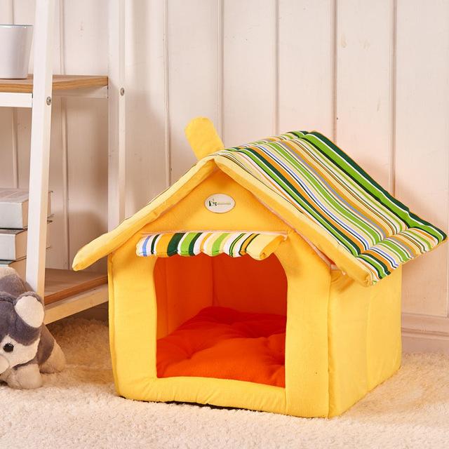 Striped Dog & Cat Bed House – Removable Cover Mat for Small & Medium Pets