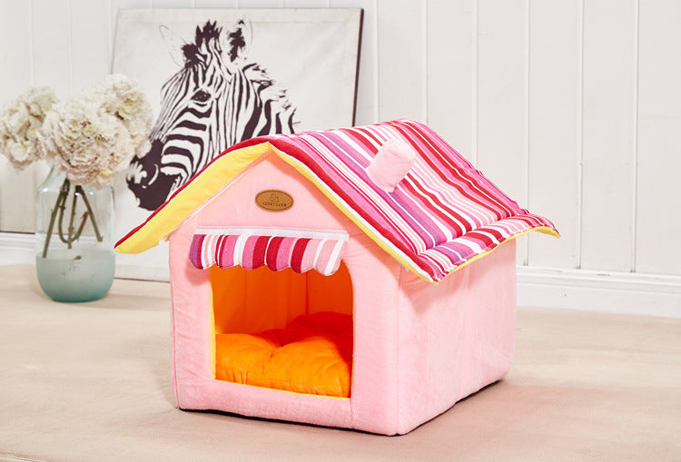 Striped Dog & Cat Bed House – Removable Cover Mat for Small & Medium Pets