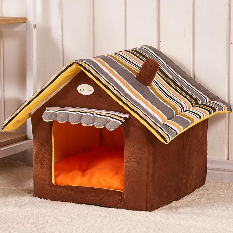 Striped Dog & Cat Bed House – Removable Cover Mat for Small & Medium Pets